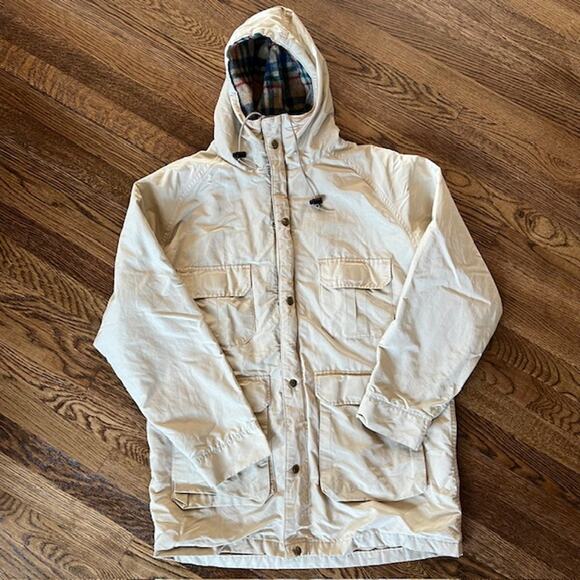VTG Lands' End Wool Jacket Mens M Khaki Lined Hooded USA Parka Chore Barn Coat - Picture 1 of 15